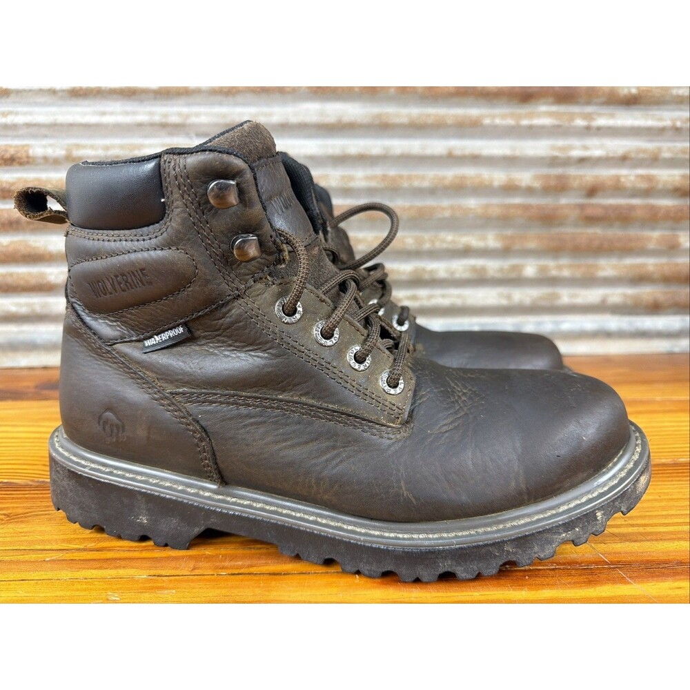 Wolverine Waterproof Brown Leather Lace Up Men's Soft Toe Work Boots Sz 9EW